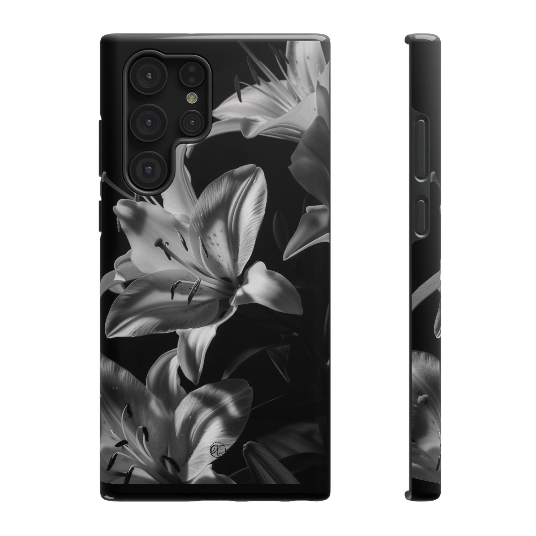 Impact-Resistant Phone Case — Monochrome Lily Floral Protective Cover