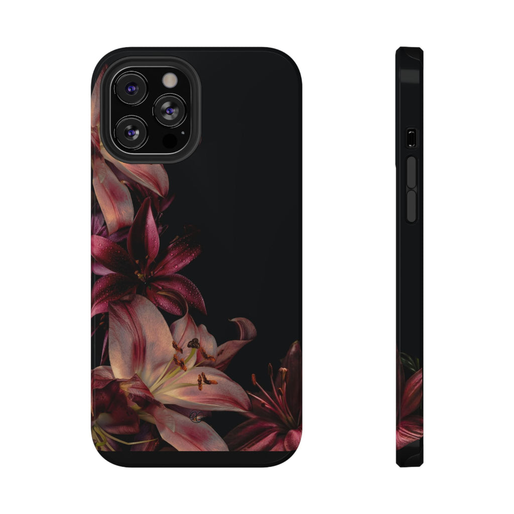 Floral Lily Impact-Resistant Phone Case — Dark Botanical Protective Cover